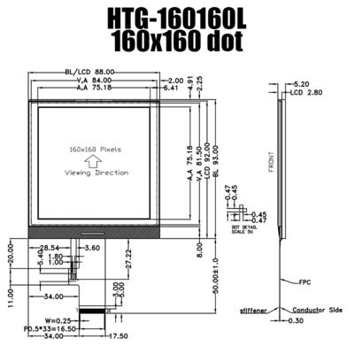 Mô-đun LCD COG vuông 160X160 Hiển thị FSTN với đèn nền trắng bên HTG160160L