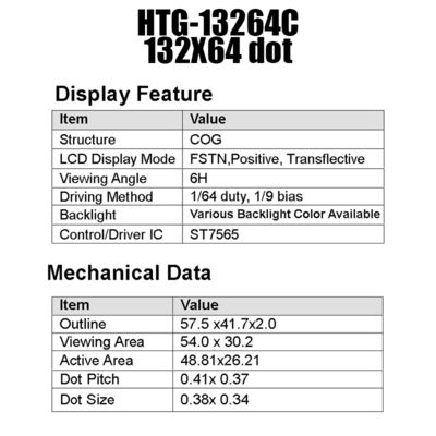 Màn hình COG LCD MCU 132x64, Màn hình LCD truyền qua ST7565R HTG13264C