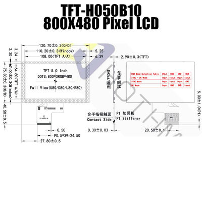 Màn hình TFT 5 inch RGB thực tế, IC ST7262 Màn hình có thể đọc được bằng ánh sáng mặt trời TFT-H050B10SVISTKN50